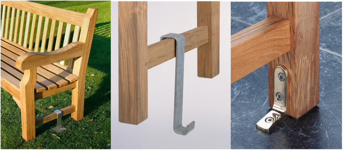 Left to right;Rothesay Seat 180 with Stainless Steel Fixing Iron, Fixing Iron detail, Brass Security Fastener