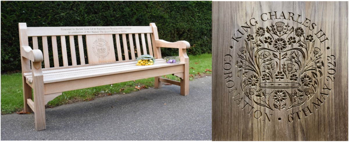 Left to right:Rothesay Seat 180 with top rail and panel inscription, panel inscription detail