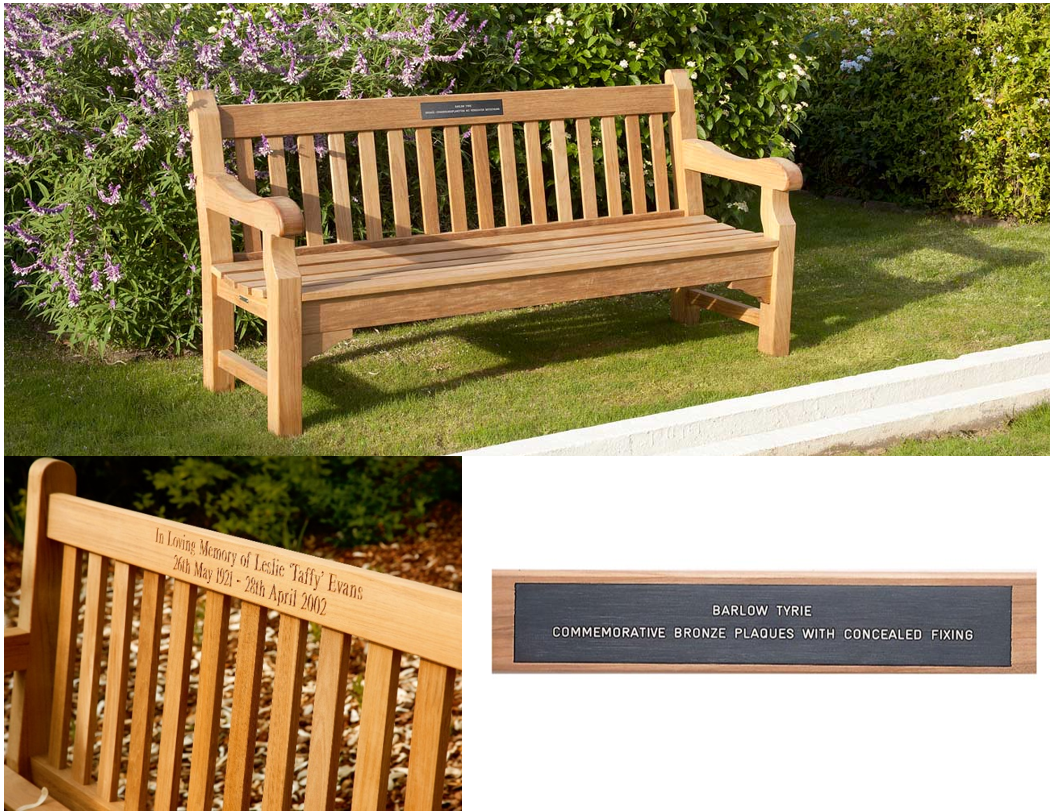 Above clockwise from top: Rothesay Seat 180 with Bronze Plaque, Bronze Plaque detail, Glenham Seat 150 with carved inscription